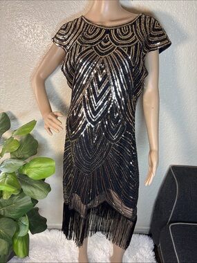 Black and Gold Sequin Fringe Dress sexy dress